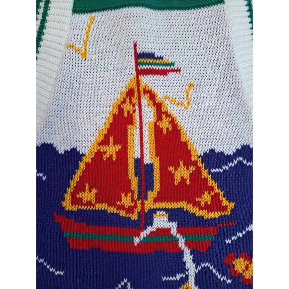Vtg Women's Nautical Sweater Vest Med Sailboat Cable Knit Multicolor Kitchy - Picture 4 of 10